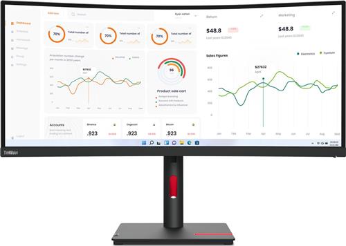 Lenovo ThinkVision T34w-30 - LED-monitor - gebogen - 34" - 3440 x 1440 UWQHD - VA - 350 cdm² - 3000:1 - 4 ms - HDMI, DisplayPort, USB-C - ravenzwart