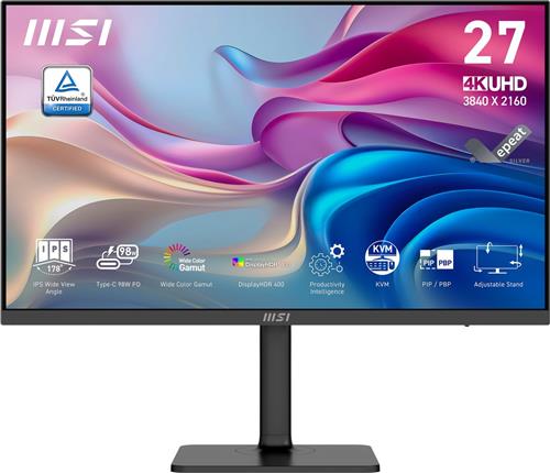 MSI Modern MD272UPHG - 4K UHD Monitor - 60Hz - 27 Inch - HDR 400 - KVM Switch - USB Type-C PD 98W - 4 Way Adjustable