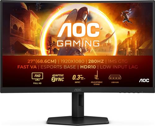 AOC C27G4ZXU - Full HD Curved Monitor - Speakers - USB-Hub - Ergonomisch - 280hz - 0.3ms - 27 inch