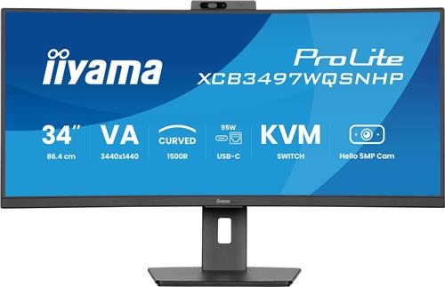 iiyama ProLite XCB3497WQSNPH-B1 - 34 inch - WQHD - VA - USB-Hub (4x) - Verstelbaar - USB-C Dock - Curved - Hello Cam