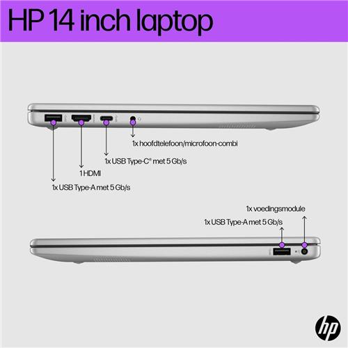 HP Laptop 14-em0015nd AMD Ryzen 5 7520U 35,6 cm (14") Full HD 8 GB LPDDR5-SDRAM 512 GB SSD Wi-Fi 6 (802.11ax) Windows 11 Home Zilver